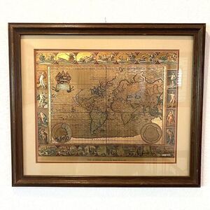 Moses Pitt Gold Foil World Map From‎ Original 1681 Etching Framed 27x23
